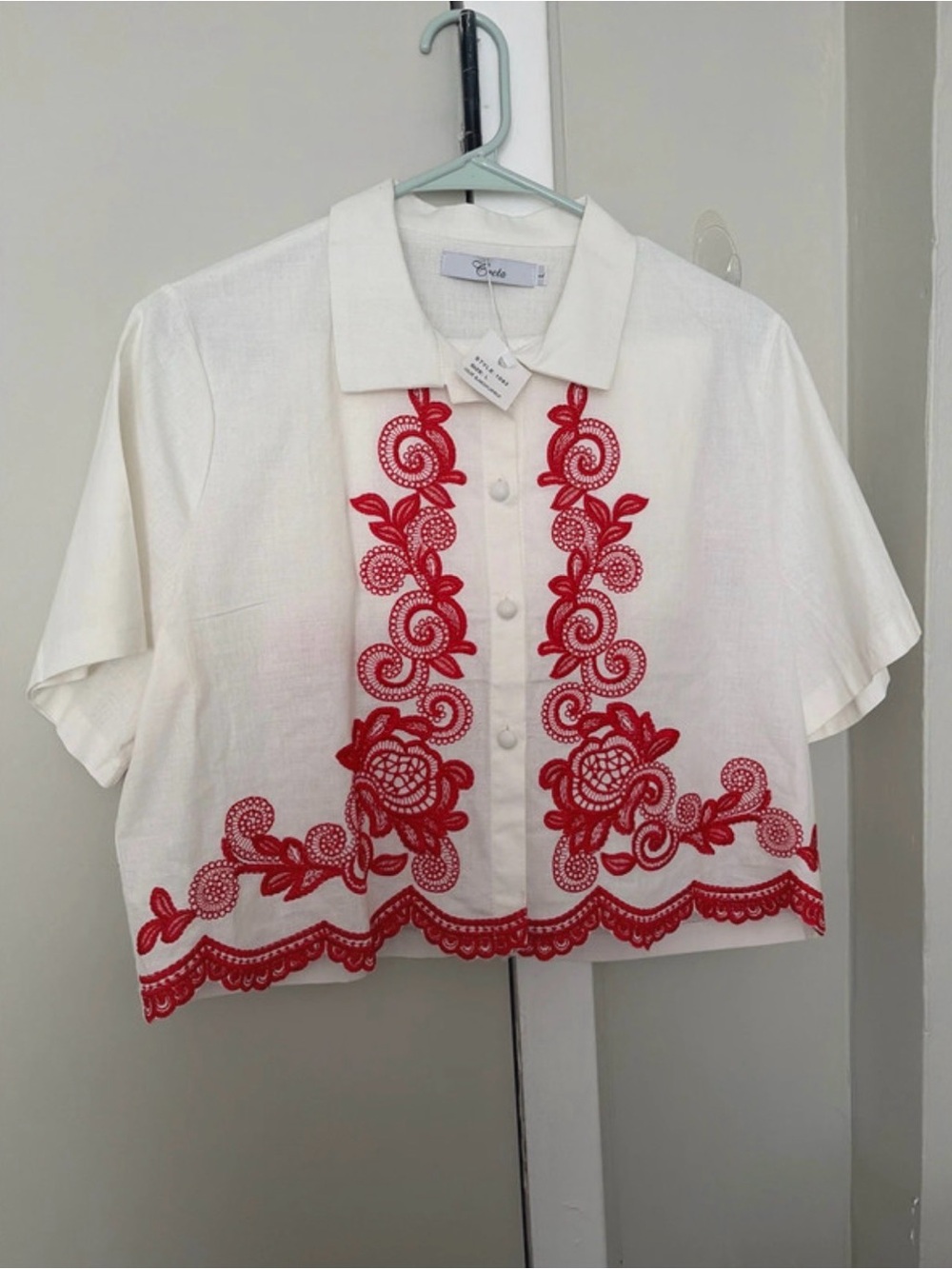 Embroidered White Button-Down Crop Shirt with Red Floral Trim